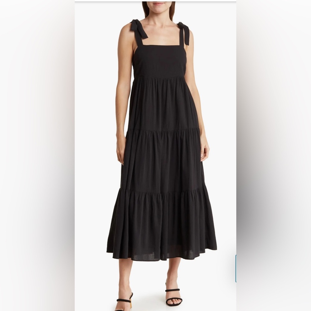 Madewell Tie Strap Tiered Midi Black Dress